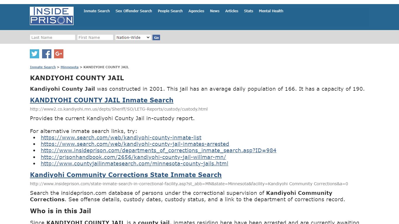 KANDIYOHI COUNTY JAIL - Minnesota - Inmate Search - Inside Prison